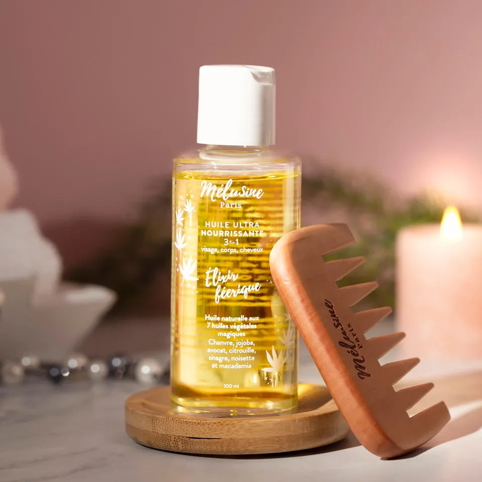 Mélusine Soins cheveux Huile jojoba peigne kit élixir